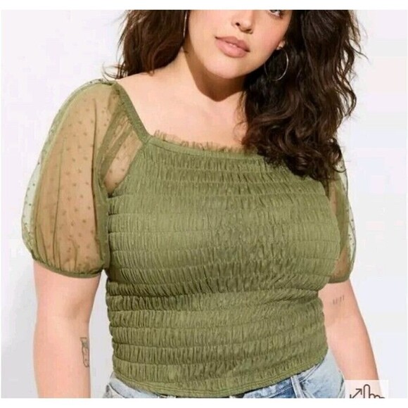 Torrid Crop Top Size 3 3X  Women's Square Neck Smocked  Dot Mesh Green New - Picture 1 of 6